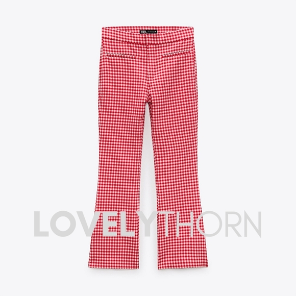 ZARA // red & white textured gingam hi waist crop mini flare pants - Picture 5 of 14